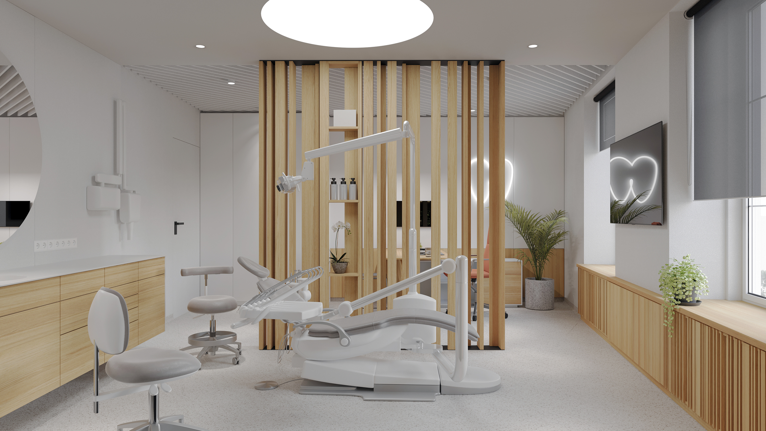 Modern dental office interior by Forma 9 with a dental chair, wooden slatted partitions, and minimalist decor