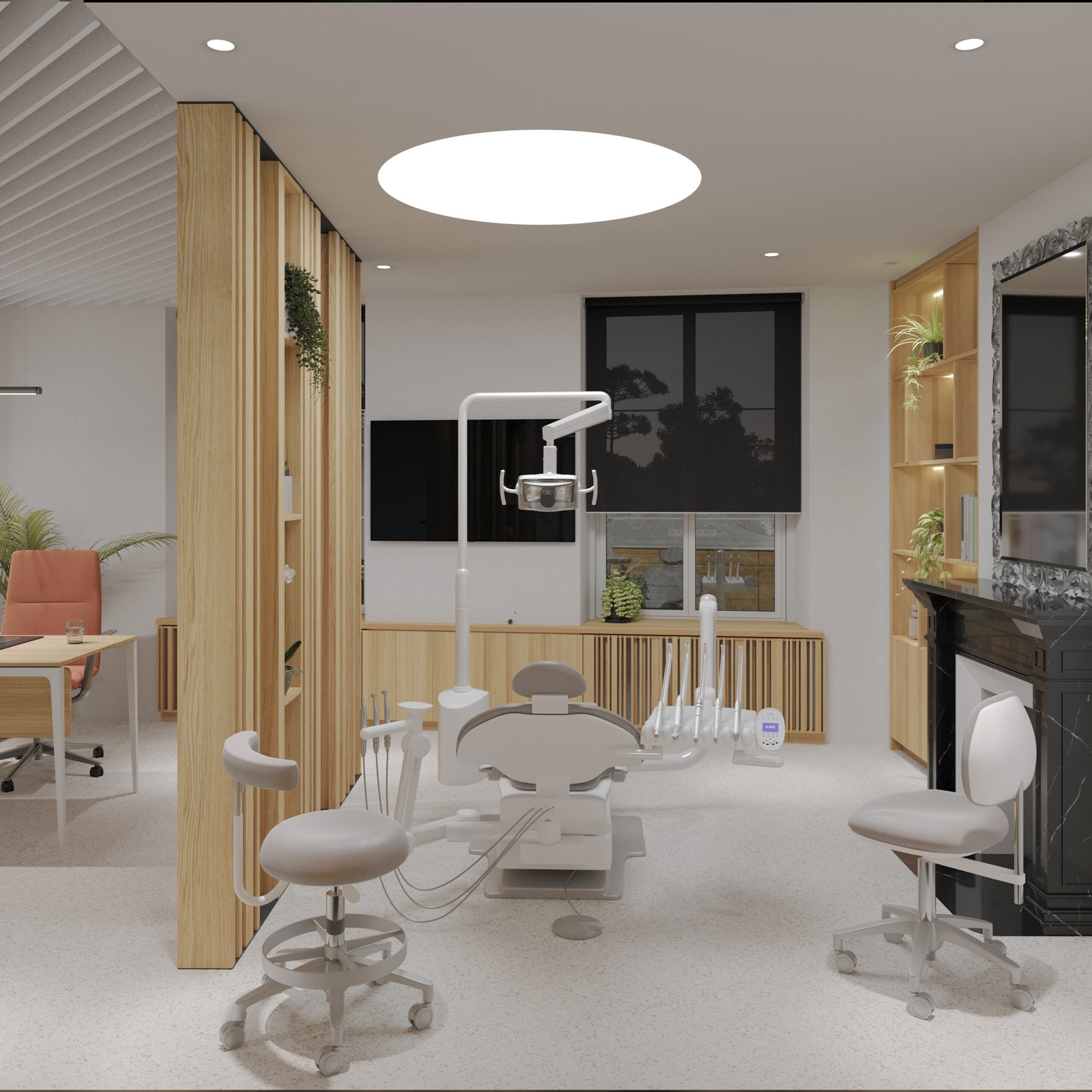 State-of-the-art dental chair with wooden paneling and ambient lighting in clinic.